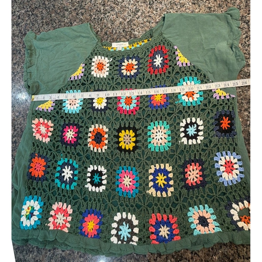 Umgee USA Womens 2XL Green Crochet Granny Square Boho Flutter Sleeve Blouse Top - Picture 3 of 6